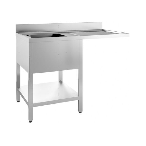 Gastro-Inox Spültisch mit links 1 Becken, Grundboden und Platz für Geschirrspüler, 1200mm, komplett mit Überlaufrohr und Ablaufventil, 305.511