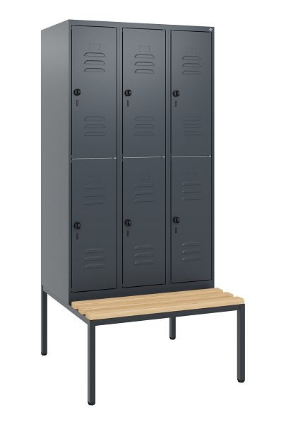 C+P Doppelstöckiger Spind Classic PLUS, 3 Abteile, 1950x900x815mm, 7016/7016, Drehriegel, Buche-Sitzleisten, mit untergebauter Sitzbank, 0803505-30 S10012