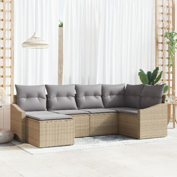 vidaXL 6-teiliges Garten-Sofa-Set mit Kissen Beige Poly Rattan, 3346790