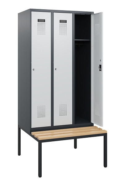 C+P Spind Evolo PLUS, 3 Abteile, 1950x900x815mm, 7016/7035, Zylinderschloss, Sitzfläche Buche-Hartholz, Sitzbank, 0490505-30 S10044