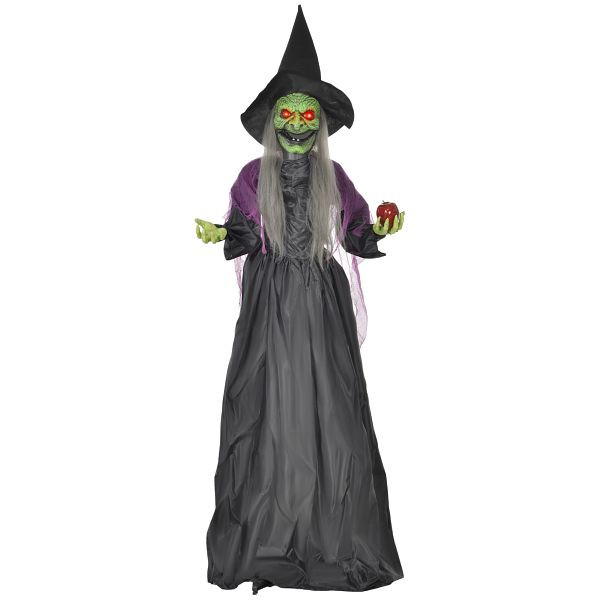 HOMCOM Hexe mit Giftapfel, Helloweendeko, gruselige Laute, rote Augen, bewegliche Arme, 180 cm, 844-873V00VT