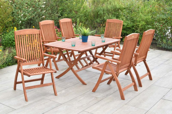 Merxx Maracaibo Set 7-teilig, 6 Maracaibo Klappsessel, 5-fach verstellbar, 1 Klappausziehtisch, 110 (160) x 90 cm, FSC Eukalyptus, 50035-011