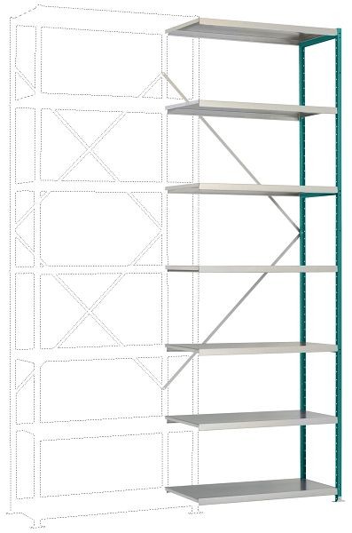 Manuflex Mittelschweres Fachboden-Steckregal Anbauregal mit 7 Stahlböden, HxBxT = 3000 x 1000 x 500 mm, wasserblau, RP1719.5021