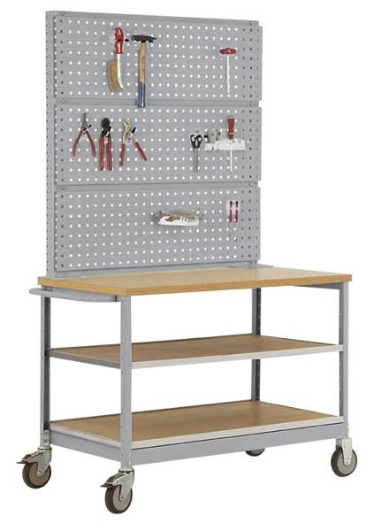 Manuflex Mobile Werkbank Modell 3 mit geölter Multiplex-Abdeckplatte 30 mm BxTxH 1135 x 590 x 810 mm, alusilber, MW2011.9006