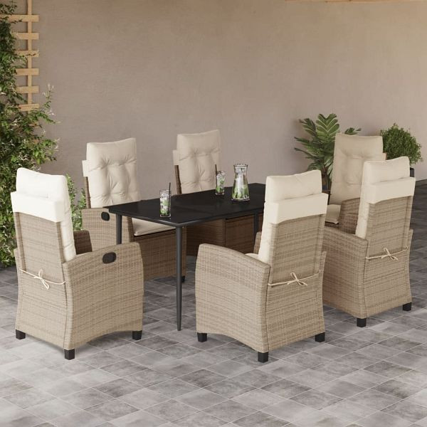 vidaXL 7-teilig Garten-Essgruppe mit Kissen Beige Poly Rattan, 3212808