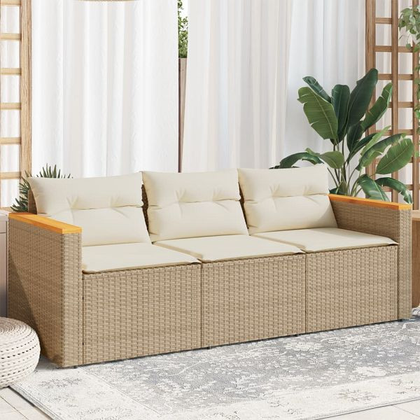 vidaXL Gartensofa mit Kissen 3-Sitzer Beige Poly Rattan, 365831