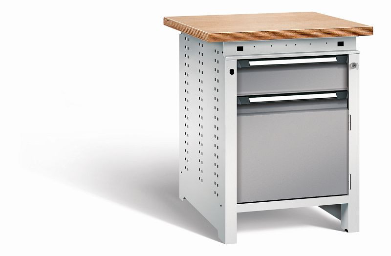 Otto Kind Werkbank Serie function Typ 105, Multiplexplatte 40 mm, überstehend, Unterbau mit Zentralverschluss, Gehäuse RAL 7035, Front RAL 7037, 072322267