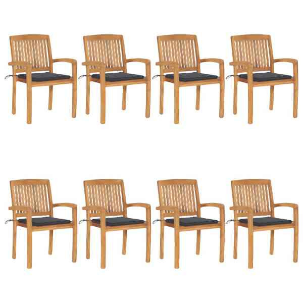 vidaXL Stapelbare Gartenstühle mit Kissen 8 Stück Massivholz Teak, 3073240