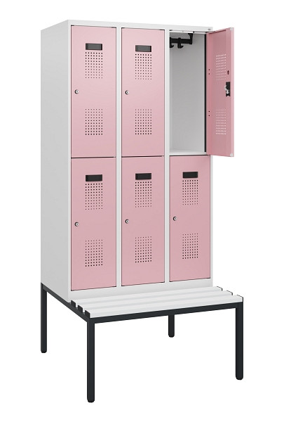C+P Doppelstöckiger Spind Evolo PLUS, Bank, 6 Fächer, 1950x900x815mm, 9016/3015, Zylinderschloss, Sitzfläche Kunststoff, Sitzbank, 0493505-30 S10153