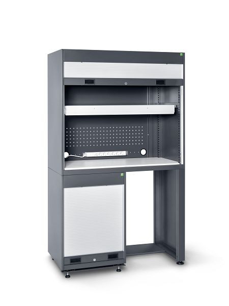 bott Kompaktarbeitsplatz mit 2 Rollläden LED, 2 Fachböden, Steckdosenleiste BxTxH: 1300 x 650 x 2050 mm, RAL 7016, 40201027.19V