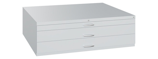 C+P Flachablageschrank Serie 7100_7200, H420xB1350xT960mm, 9016/9016, 2 Schubladenblenden doppelwandig, 7200-100 S10255