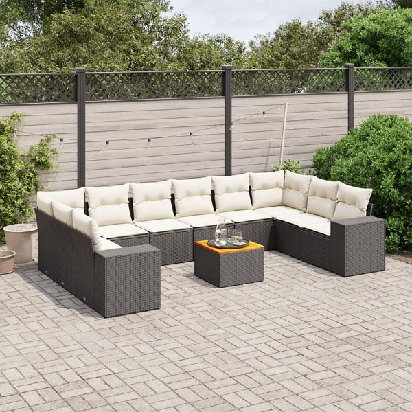 vidaXL 11-tlg. Garten-Sofagarnitur mit Kissen Schwarz Poly Rattan, 3225615