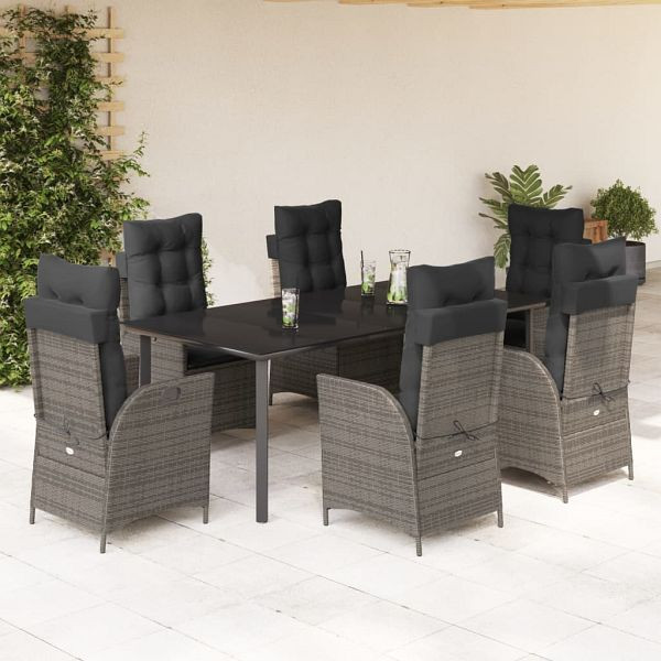 vidaXL 7-teilig Garten-Essgruppe mit Kissen Grau Poly Rattan, 3213231