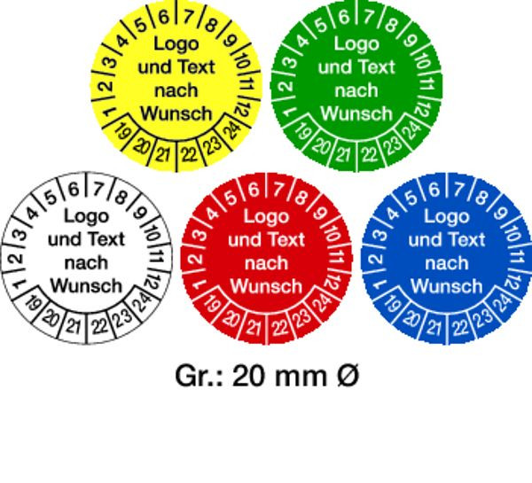 Schilder Klar Prüfplaketten Logo und Text nach Wunsch, ab Jahr 2024, 30 mm Dokumentenfolie selbstklebend, VE: 100 Stück, 64/02.24