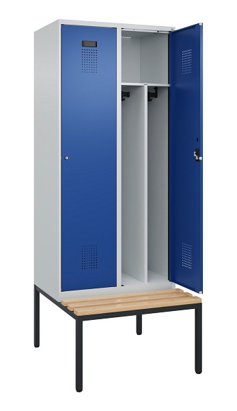 C+P Spind Evolo PLUS, 2 Abteile, 2120x800x815mm, 7035/5010, Haken 4, Zylinderschloss, Sitzfläche Buche-Hartholz, Sitzbank, Trennwand, 0490507-22F S10033