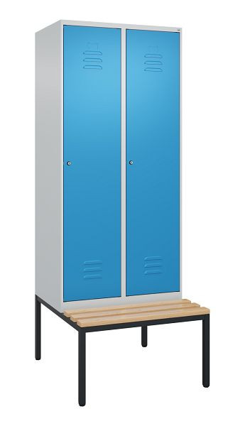 C+P Umkleidespind Classic PLUS mit Mitteltrennwand, Bank, 2 Abteile, 2120x800x815mm, 7035/5012, Zylinderschlösser, Buche-Sitzleisten, 0800507-22F S10048