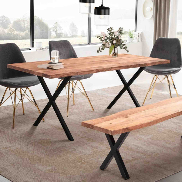 Wohnling Esszimmertisch 160x80x76 cm Akazie Massivholz/Metall Esstisch Baumkante, Küchentisch mit X-Beinen in Schwarz, Holztisch Rechteckig, WL7.253