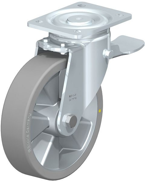 Blickle LH-ALTH 200K-ST-AS Stahlblech-Lenkrolle, Schwerlast-Ausführung, mit Anschraubplatte & Feststeller, Blickle Extrathane®, Grau, 648113