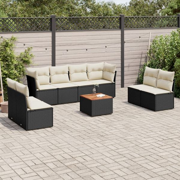 vidaXL 9-teilig Garten-Sofagarnitur mit Kissen Schwarz Poly Rattan, 3223578