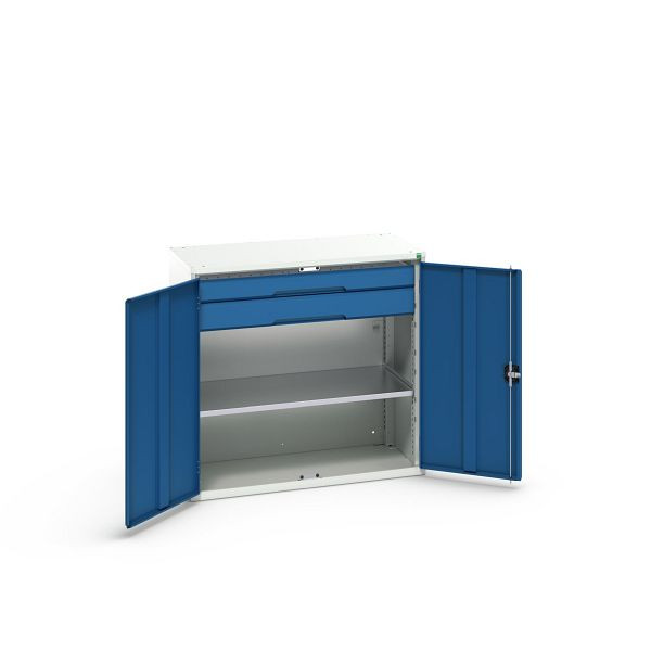 bott verso Flügeltürschrank mit Schubladen, mit 1 Fachboden und 2 Schubladen, BxTxH: 1050 x 550 x 1000 mm, Lichtgrau / Enzianblau, 16926553.11