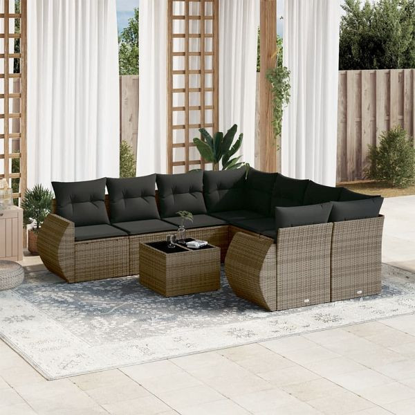 vidaXL 9-teilig Garten-Sofagarnitur mit Kissen Grau Poly Rattan, 3253497