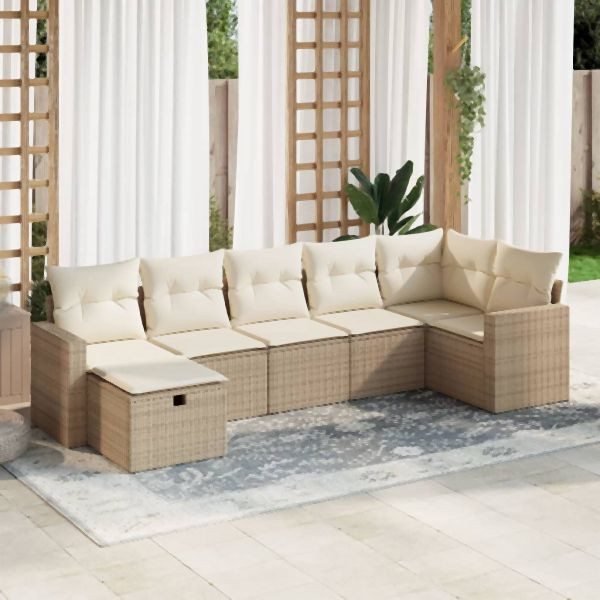 vidaXL 7-tlg. Garten-Sofagarnitur mit Kissen Beige Poly Rattan, 3325404