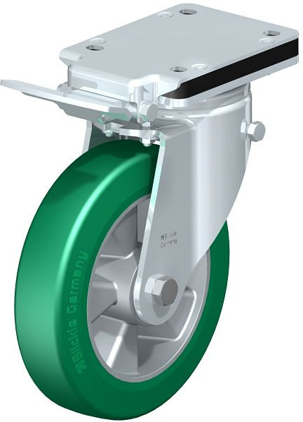 Blickle LH-ALST 200K-IS Stahlblech-Lenkrolle, Schwerlast-Ausführung, mit Anschraubplatte & Feststeller, Blickle Softhane®, Grün, 611624