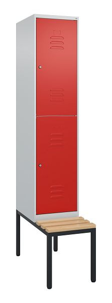 C+P Doppelstöckiger Spind Classic PLUS, 2120x400x815mm, 7035/3020, Zylinderschlösser, Sitzleisten aus Buche, mit untergebauter Sitzbank, 0803507-12 S10092