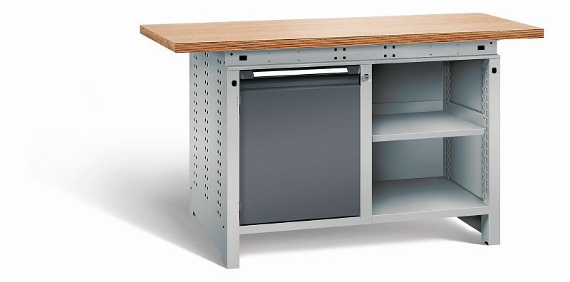 Otto Kind Werkbank Serie function Typ 210, Multiplexplatte 40 mm, überstehend, 2x Unterbau, Gehäuse RAL 9006, Front RAL 7016, 07234024S