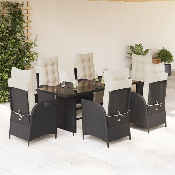vidaXL 7-teilig Garten-Essgruppe mit Kissen Schwarz Poly Rattan, 3213350
