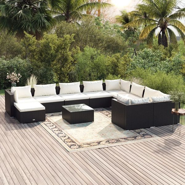 vidaXL 11-teilig Garten-Lounge-Set mit Kissen Poly Rattan Schwarz, 3102687