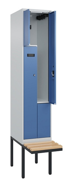 C+P Z-Spind Evolo PLUS, Bank, 2 Fächer, 2120x400x815mm, 7035/5023, Zylinderschloss, Sitzfläche Holz, 0490437-122 S10041