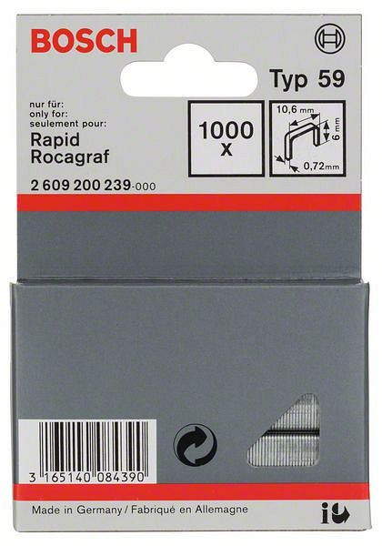Bosch Feindrahtklammer Typ 59, 10,6 x 0,72 x 6 mm, 1000er-Pack, 2609200239