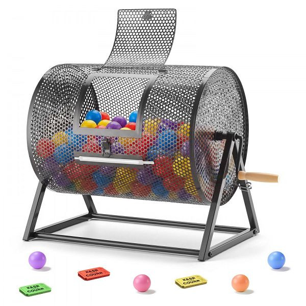 VEVOR Tombola Trommel 410xØ302 mm, für 5000 Lose/200 Bälle, mit Kurbel & Dreiecksständer, Schwarz, CJG16YCJSDZJ08RPU002V0