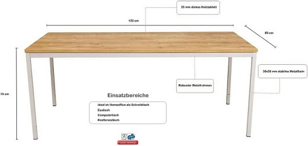Mades Mehrzwecktisch 120x60 cm Saphir Eiche Dekor / grau, MA1078520SG