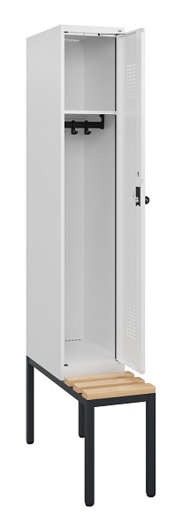 C+P Spind Evolo PLUS, 1 Abteil, 1950x300x815mm, 9016/9016, Drehriegel, Sitzfläche Holz, Sitzbank, 0490505-10 S10023