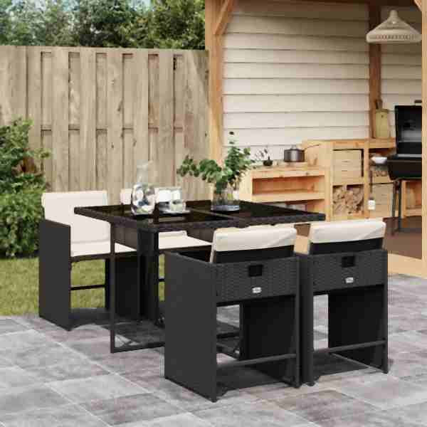 vidaXL 5-tlg. Garten-Essgruppe mit Kissen Schwarz Poly Rattan, UV-beständig, 3211074