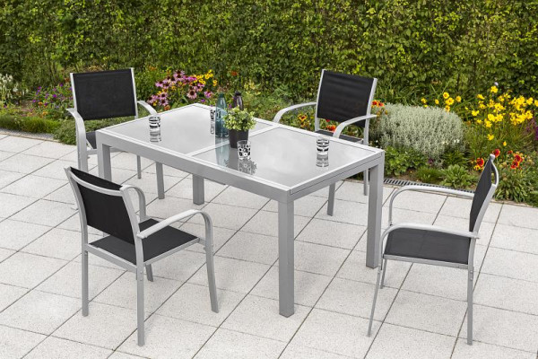Merxx Ostia Set 5-teilig, 4 Stapelsessel, 1 Ausziehtisch, 160 (220) x 90 cm, silber/schwarz, Aluminiumgestell mit Textilbespannung, 50272-317