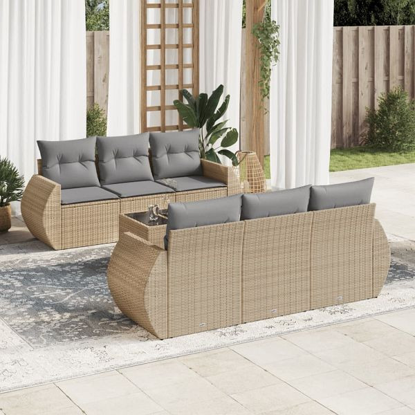 vidaXL 7-teilig Garten-Sofagarnitur mit Kissen Beige Poly Rattan, 3221108
