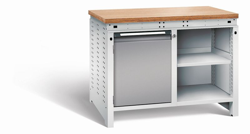 Otto Kind Werkbank Serie function Typ 210, Multiplexplatte 40 mm, bündig, 2x Unterbau, Gehäuse RAL 7035, Front RAL 7037, 072340167
