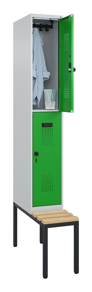 C+P Doppelstock-Spind Evolo PLUS, Bank, 2 Fächer, 2120x300x815mm, 7035/6037, Drehriegel, Sitzfläche Buche-Hartholz, Sitzbank, 0493507-10 S10011