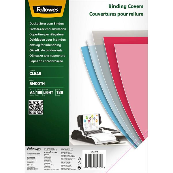 Fellowes Deckblätter, A4, PET 180 g/qm, glatt transparent, 100 Stück, 5384601