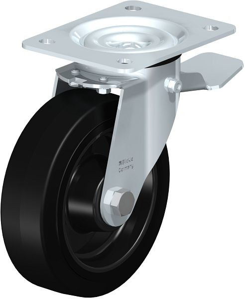 Blickle LE-POEV 160XR-ST Stahlblech-Lenkrolle mit Anschraubplatte & Feststeller, Elastik-Vollgummi, Schwarz, 850160