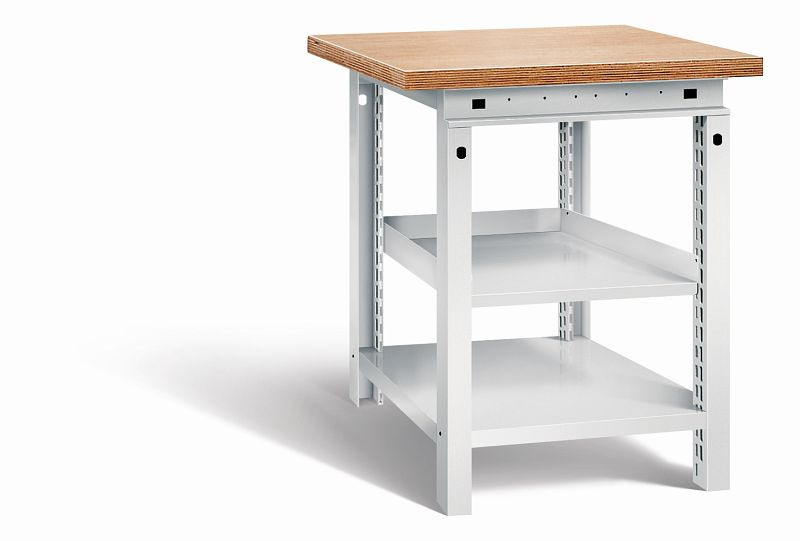 Otto Kind Werkbank Serie function Typ 102, Multiplexplatte 40 mm, überstehend, 1 Ablageboden, komplett RAL 7035, 072319217