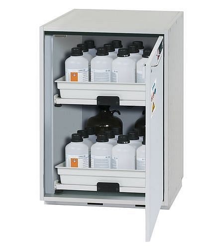 asecos Säuren- und Laugenunterbauschrank SL 602, Höhe 800 mm, 2 Tablarauszüge, Tür rechts, 33202-001-30625