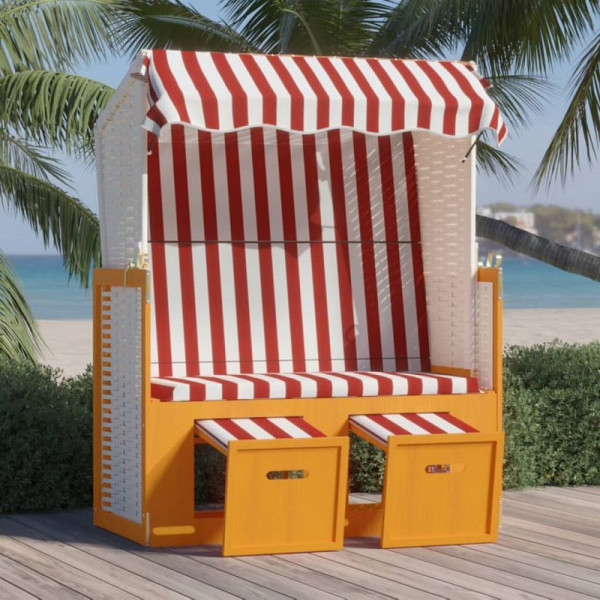 vidaXL Strandkorb mit Dach Poly Rattan und Massivholz Rot & Weiß, 318656