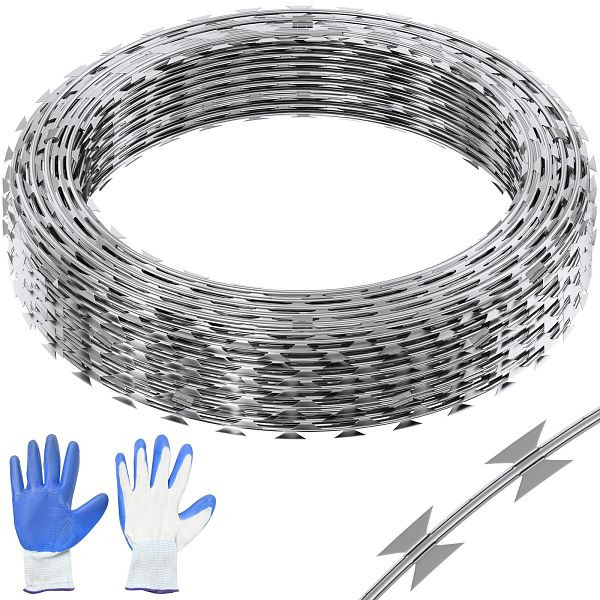 VEVOR 45 m (3 Rollen x 15 m) Stacheldraht Doppelspirale (0,51 mm) scharfe Klingen und (ca. 4 mm) dicke Kerndrähte, JSSWDPCS147YCR3A8V0