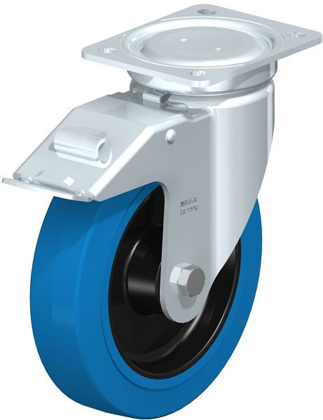 Blickle LU-POEV 200R-FI-SB Stahlblech-Lenkrolle, schwere, geschlossene Ausführung, mit Anschraubplatte & Feststeller, Elastik-Vollgummi, Blau, 851633