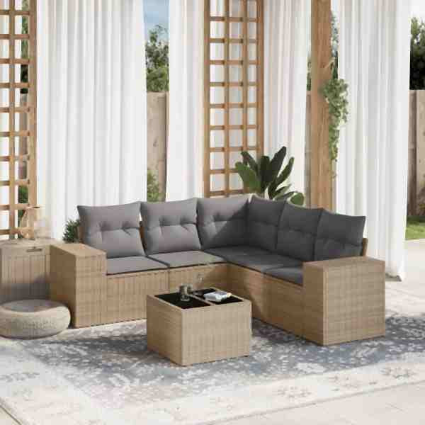 vidaXL 6-tlg. Garten-Sofagarnitur mit Kissen Beige Poly Rattan, UV-beständig, 3222558