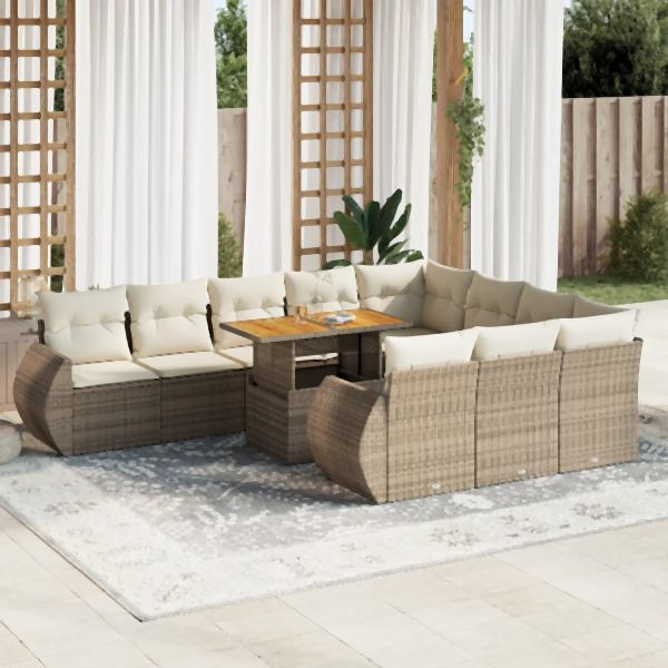 vidaXL 11-tlg. Garten-Sofagarnitur mit Kissen Beige Poly Rattan, 3327313